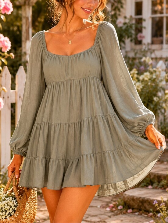 Shinestar Dresses & Skirts - ✨ Shinesstar Sage Green Cottagecore Babydoll Mini Dress | Long Sleeve Peasant Dr